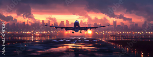 A plane is taking off from the airport runway at sunset
