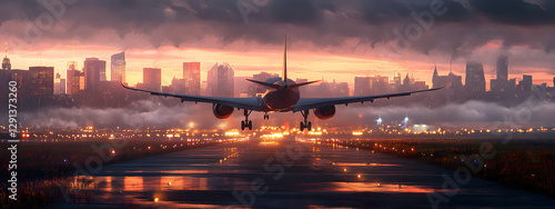 A plane is taking off from the airport runway at sunset
