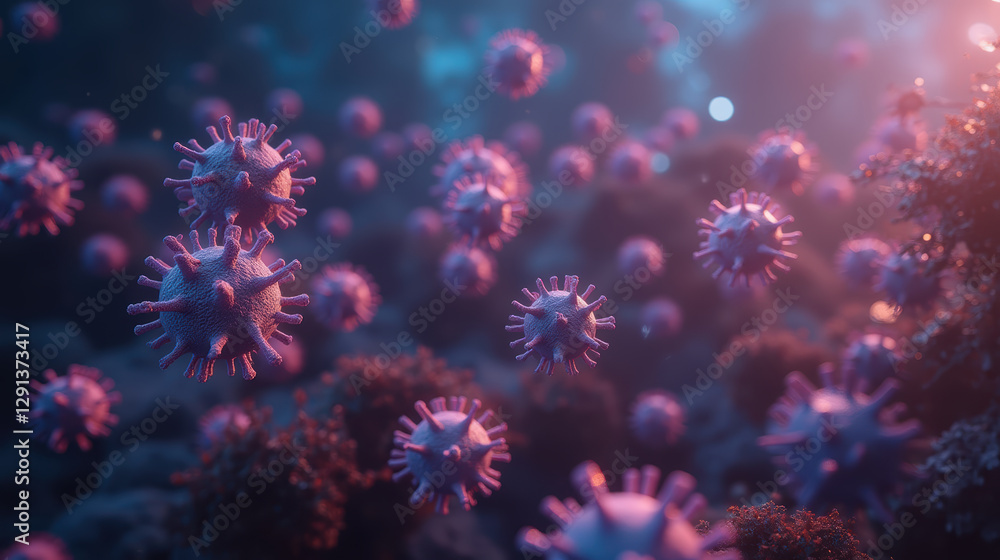 Colorful microscopic viruses floating in surreal underwater environment, showcasing intricate details and vibrant hues Colorful microscopic viruses floating in surreal underwater environment, showcasing intricate details and vibrant hues