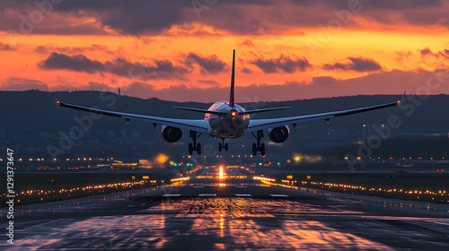 A plane is taking off from the airport runway at sunset
