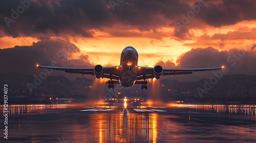 A plane is taking off from the airport runway at sunset
