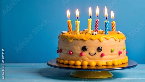 A delightful birthday cake with six lit candles, yellow icing, and a smiling face made of candy decorations sits on a cake stand against a blue background.