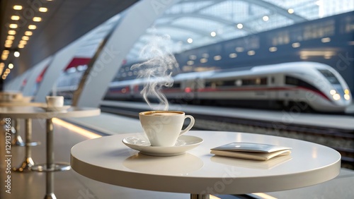 Enjoying hot coffee on a stylish futuristic table while observing a high-speed train at an upscale station during the morning rush