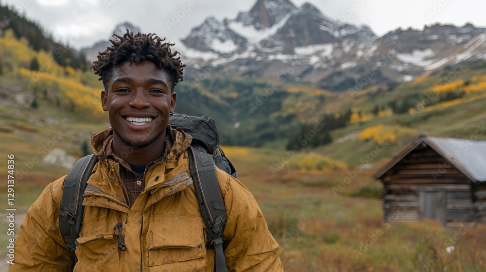 Traveler smiles hiking mountains, enjoys nature, wears backpack. Use for travel blog Traveler smiles hiking mountains, enjoys nature, wears backpack. Use for travel blog