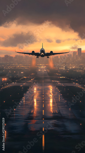 A plane is taking off from the airport runway at sunset
