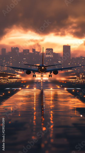 A plane is taking off from the airport runway at sunset
