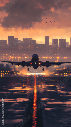 A plane is taking off from the airport runway at sunset
