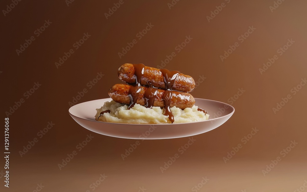 Floating plate of bangers and mash with gravy drizzle on a savory brown 3D background minimalistic mockup with space for text Floating plate of bangers and mash with gravy drizzle on a savory brown 3D background minimalistic mockup with space for text