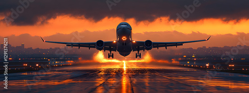 A plane is taking off from the airport runway at sunset
