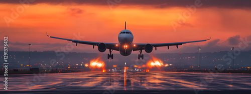 A plane is taking off from the airport runway at sunset
