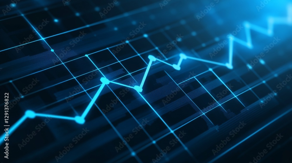 Naklejka premium Stock market graph showing an uptrend at the top a downtrend at the bottom, representing sales going into a downturn recovering growth Blue background with bokeh effect, symbolizing financial recovery