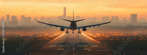 A plane is taking off from the airport runway at sunset
