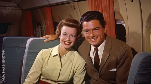 A smiling flight attendant and a well-dressed passenger sit closely together on an airplane