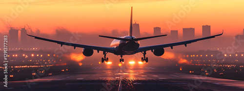 A plane is taking off from the airport runway at sunset
