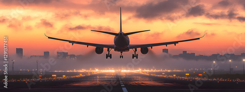 A plane is taking off from the airport runway at sunset
