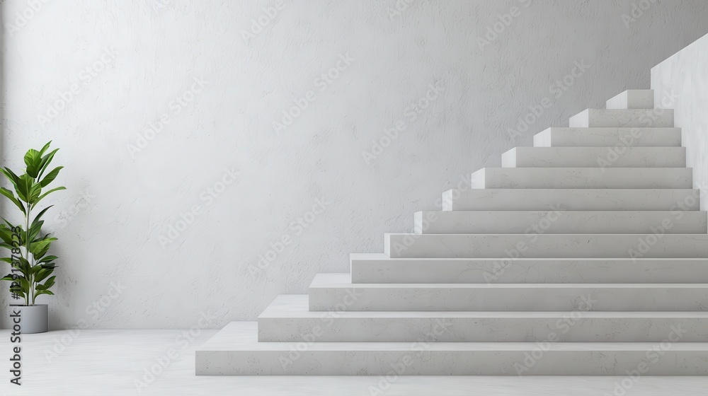 Fototapeta premium A modern interior featuring minimalist white stairs leading upward, complemented by a potted plant, creating a serene and spacious atmosphere.