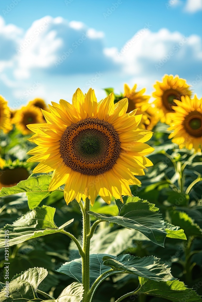 Fototapeta premium Bright sunflower blooming in green field under blue sky with fluffy white clouds during summer