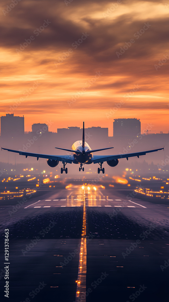 A plane is taking off from the airport runway at sunset
A plane is taking off from the airport runway at sunset