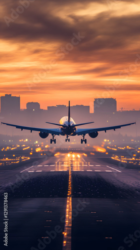 A plane is taking off from the airport runway at sunset
