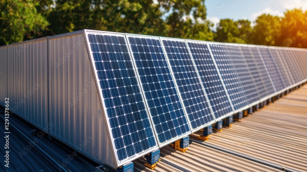 Obraz premium Solar panels on a rooftop harnessing sunlight, showcasing renewable energy technology in a natural setting.