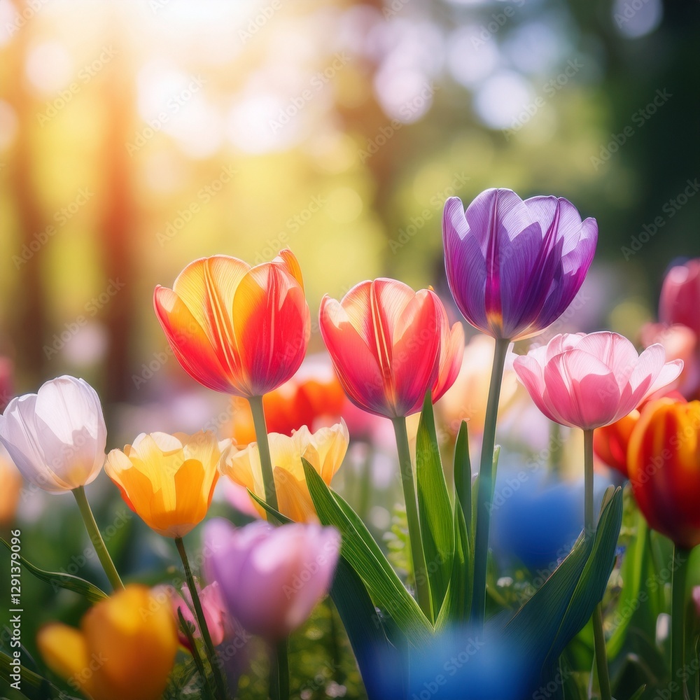 Fototapeta premium A close-up view of colorful spring flowers like tulips or daisies, with soft, blurred backgrounds of lush greenery. The vivid petals contrast with the gentle bokeh effect, evoking the warmth