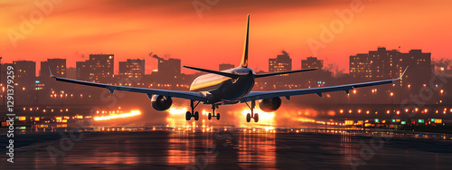 A plane is taking off from the airport runway at sunset
