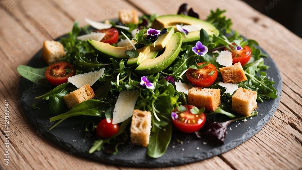 Fresh garden salad with avocado, cherry tomatoes, and herbs served on a slate plate Fresh garden salad with avocado, cherry tomatoes, and herbs served on a slate plate