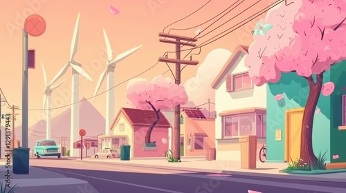 A small town street scene with pink houses, green trees, and wind turbines.