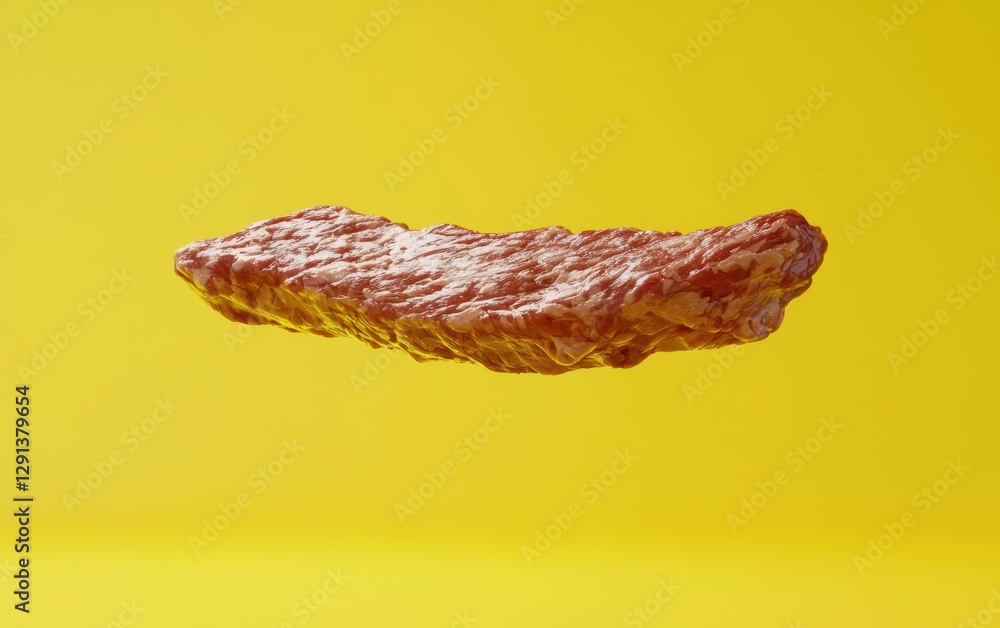 Flying beef steak on bright yellow background Flying beef steak on bright yellow background