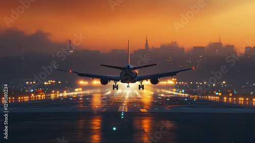 A plane is taking off from the airport runway at sunset

