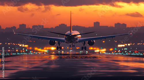 A plane is taking off from the airport runway at sunset
