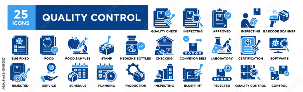 Quality Control icon collection set. Containing design Quality Check, Inspecting, Approved, Inspecting Products, Barcode Scanner Quality Control icon collection set. Containing design Quality Check, Inspecting, Approved, Inspecting Products, Barcode Scanner