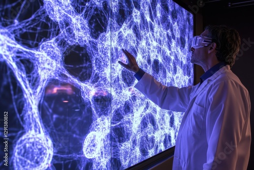 Scientist Analyzing Stem Cell Structures on AI-Powered Holographic Screen in Futuristic Biotechnology Breakthroughs photo