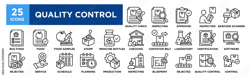 Quality Control icon collection set. Containing design Quality Check, Inspecting, Approved, Inspecting Products, Barcode Scanner Quality Control icon collection set. Containing design Quality Check, Inspecting, Approved, Inspecting Products, Barcode Scanner