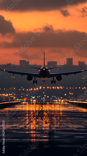 A plane is taking off from the airport runway at sunset
