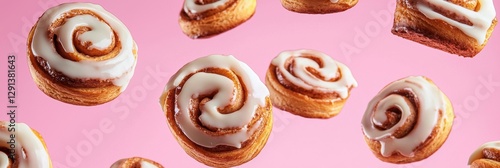 Flying cinnamon rolls with cream cheese glaze on Pastel Pink Background