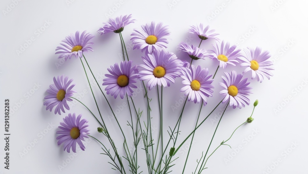 Fototapeta premium Delicate Purple Daisies Cluster with Yellow Centers on Clean White Backdrop in Soft Natural Light