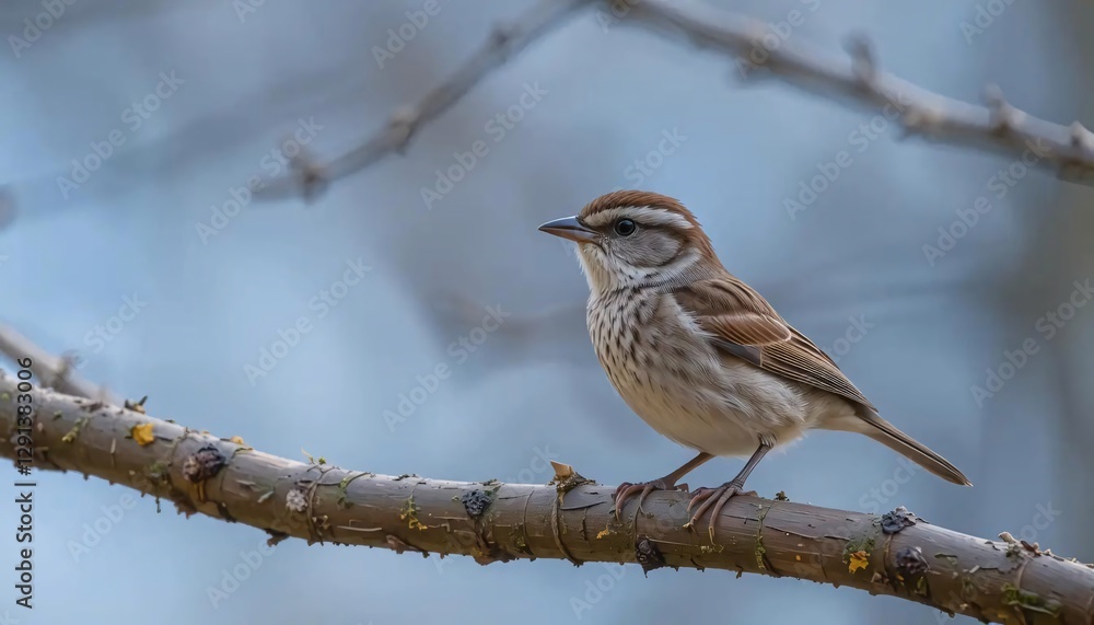 Fototapeta premium Detailed Small Bird with Brown and White Striped Plumage Perched on a Branch