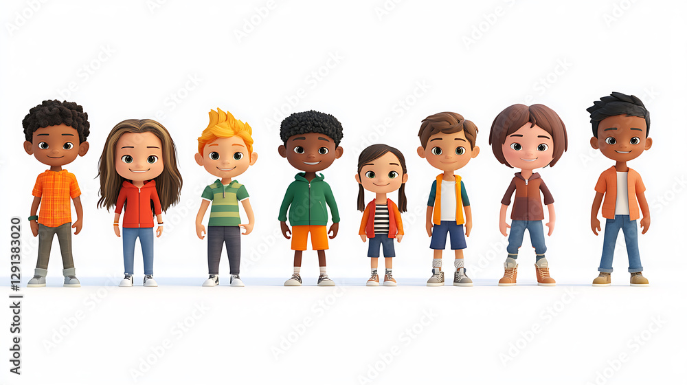 3D animation style, a diverse line of cartoon children, ages ranging from toddlers to late teens, facing the viewer, pure white backdrop, expressive eyes, happy expressions, detailed clothing, 3D animation style, a diverse line of cartoon children, ages ranging from toddlers to late teens, facing the viewer, pure white backdrop, expressive eyes, happy expressions, detailed clothing,