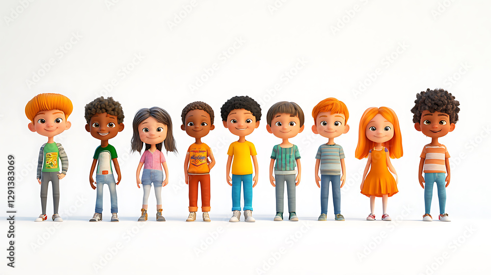 3D model of diverse cartoon children, different ages (toddlers to teens), perfectly aligned in a row, facing directly at the camera, plain white background, detailed expressions, high-quality 3D model of diverse cartoon children, different ages (toddlers to teens), perfectly aligned in a row, facing directly at the camera, plain white background, detailed expressions, high-quality