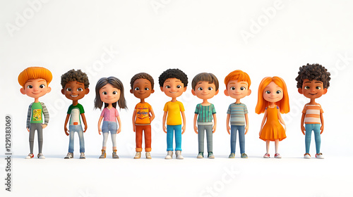 3D model of diverse cartoon children, different ages (toddlers to teens), perfectly aligned in a row, facing directly at the camera, plain white background, detailed expressions, high-quality 