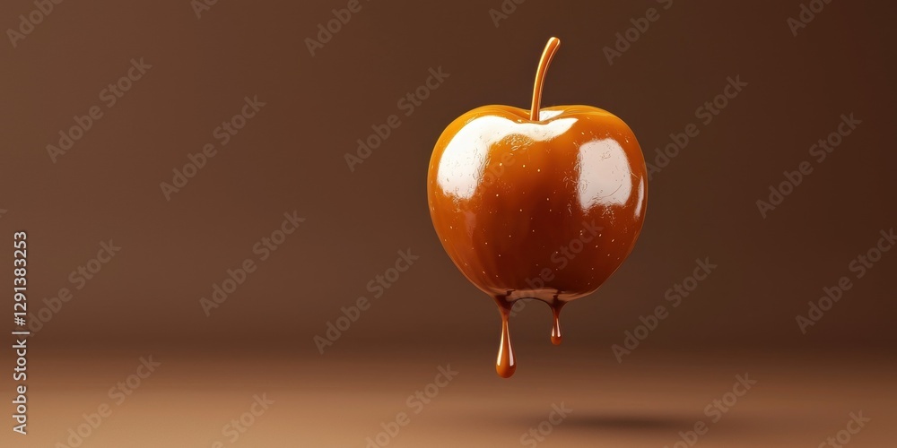 Obraz premium Floating caramel apple with glossy caramel dripping on a autumn orchard brown background 3D background minimalistic mockup with space for text