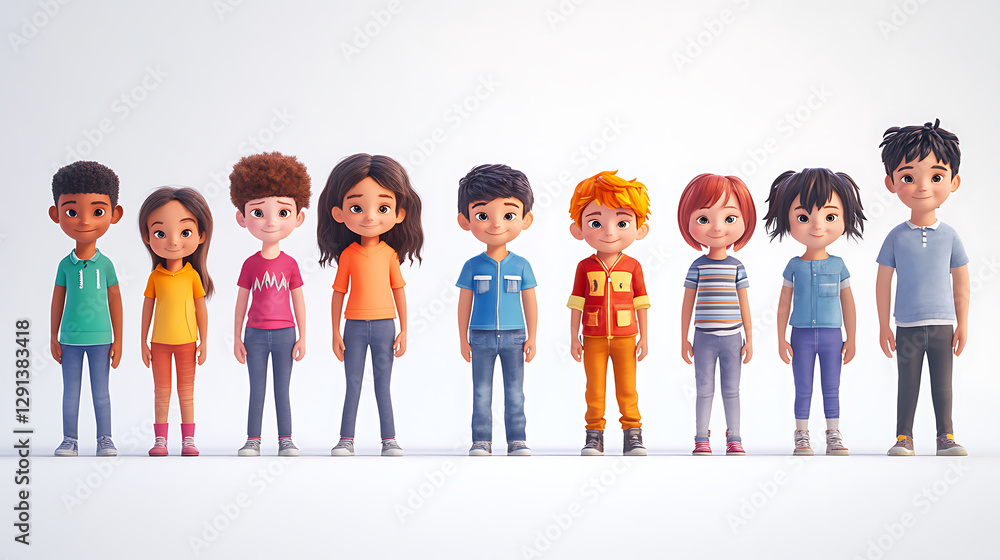 3D rendered cartoon children, diverse in age (toddler to late teen), standing in a single file line, looking directly at the camera, pure white backdrop, vibrant colors, expressive eyes, detailed 3D rendered cartoon children, diverse in age (toddler to late teen), standing in a single file line, looking directly at the camera, pure white backdrop, vibrant colors, expressive eyes, detailed