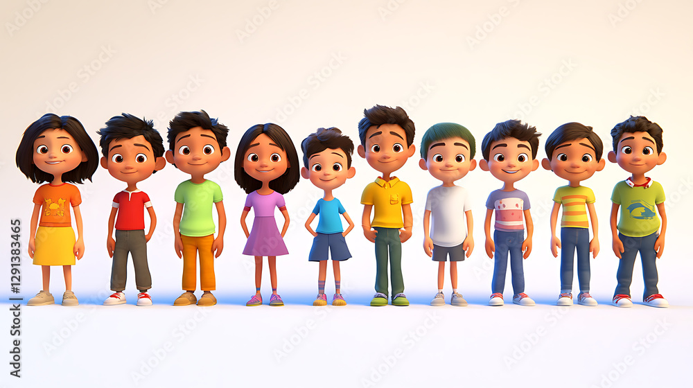 3D rendered cartoon children, ranging in age from toddlers to late teens, forming a line, directly facing the viewer, on a solid white backdrop, large, expressive eyes, upbeat facial features, 3D rendered cartoon children, ranging in age from toddlers to late teens, forming a line, directly facing the viewer, on a solid white backdrop, large, expressive eyes, upbeat facial features,