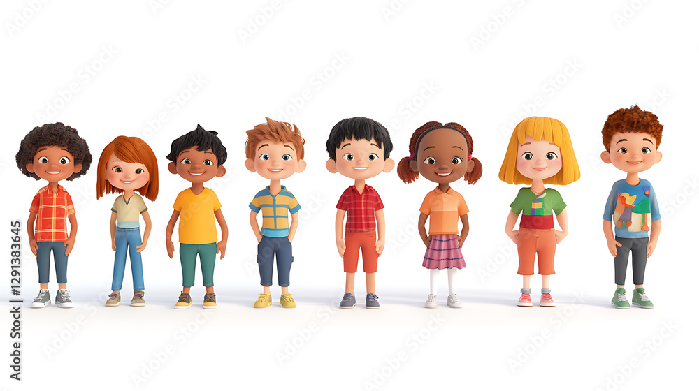 3D rendered cartoon children, various ages and ethnicities, standing in a single file line, facing the camera, against a stark white backdrop, playful expressions, friendly faces, well-defined 3D rendered cartoon children, various ages and ethnicities, standing in a single file line, facing the camera, against a stark white backdrop, playful expressions, friendly faces, well-defined