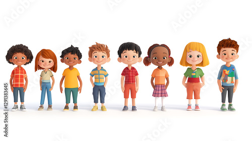 Wallpaper Mural 3D rendered cartoon children, various ages and ethnicities, standing in a single file line, facing the camera, against a stark white backdrop, playful expressions, friendly faces, well-defined  Torontodigital.ca