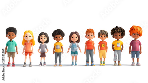 Wallpaper Mural 3D rendering of a diverse group of cartoon children, different ages (toddlers to late teens), standing in a line, looking at the camera, spotless white background, sharp focus, rich details,  Torontodigital.ca