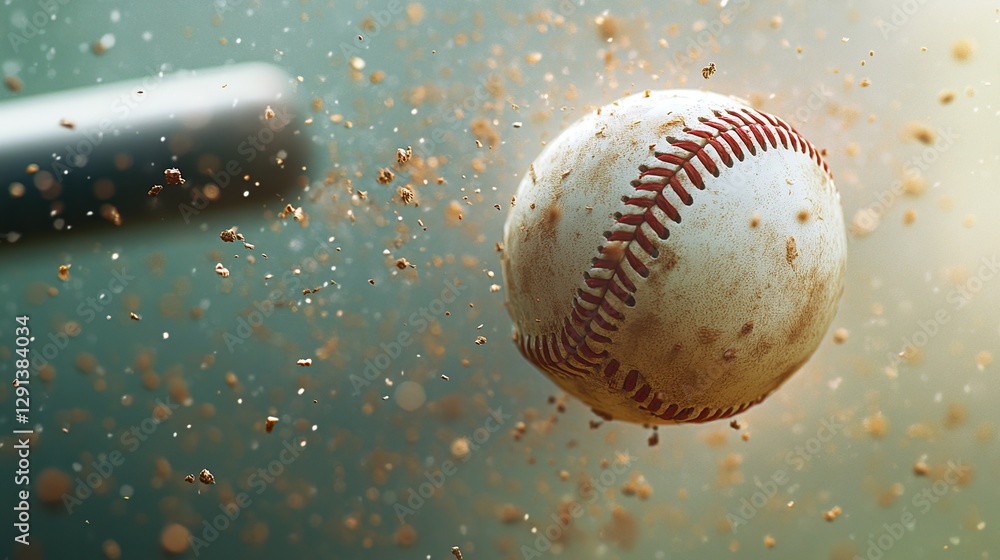A baseball bat making contact with a ball, sending it flying towards the outfield. A baseball bat making contact with a ball, sending it flying towards the outfield.
