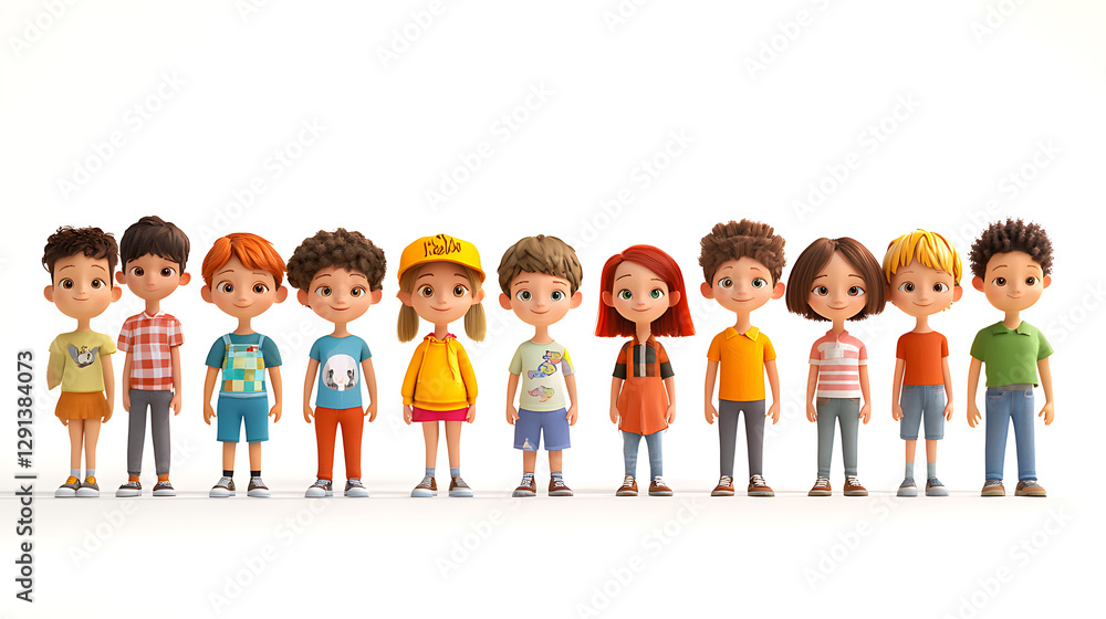 A group of 3D cartoon children (toddlers to teenagers) in a straight line, facing the camera, against a pure white background, playful expressions, unique outfits, bright and fun colors, detailed A group of 3D cartoon children (toddlers to teenagers) in a straight line, facing the camera, against a pure white background, playful expressions, unique outfits, bright and fun colors, detailed