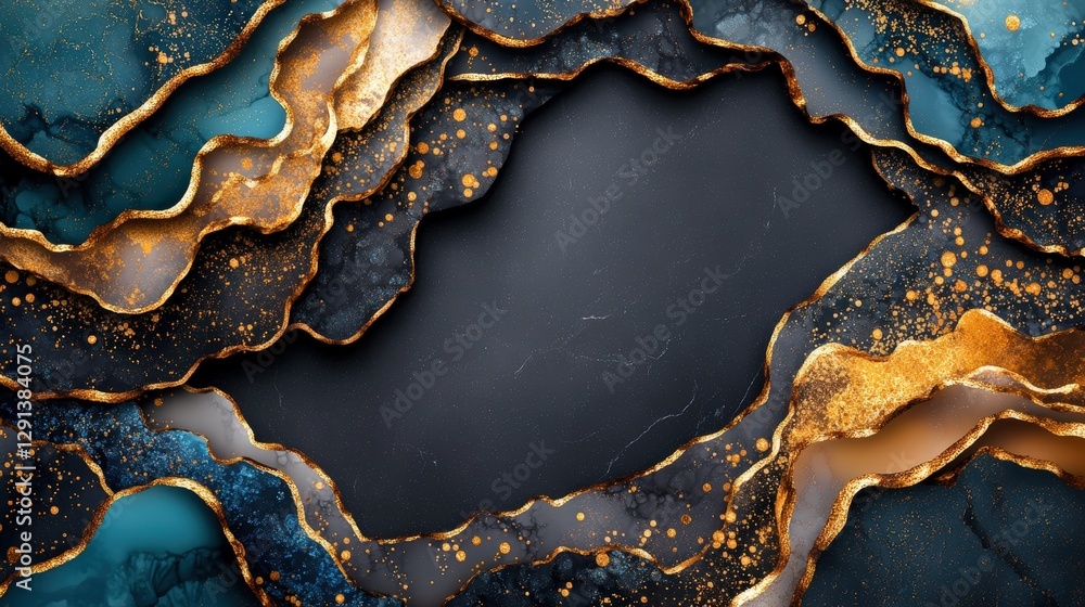 Obraz premium Black and gold textured background with a circular hole in the center for photo placement